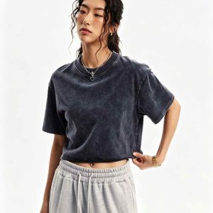 250G Vintage Washed Cropped Tee – Women’s Round Neck Distressed Top