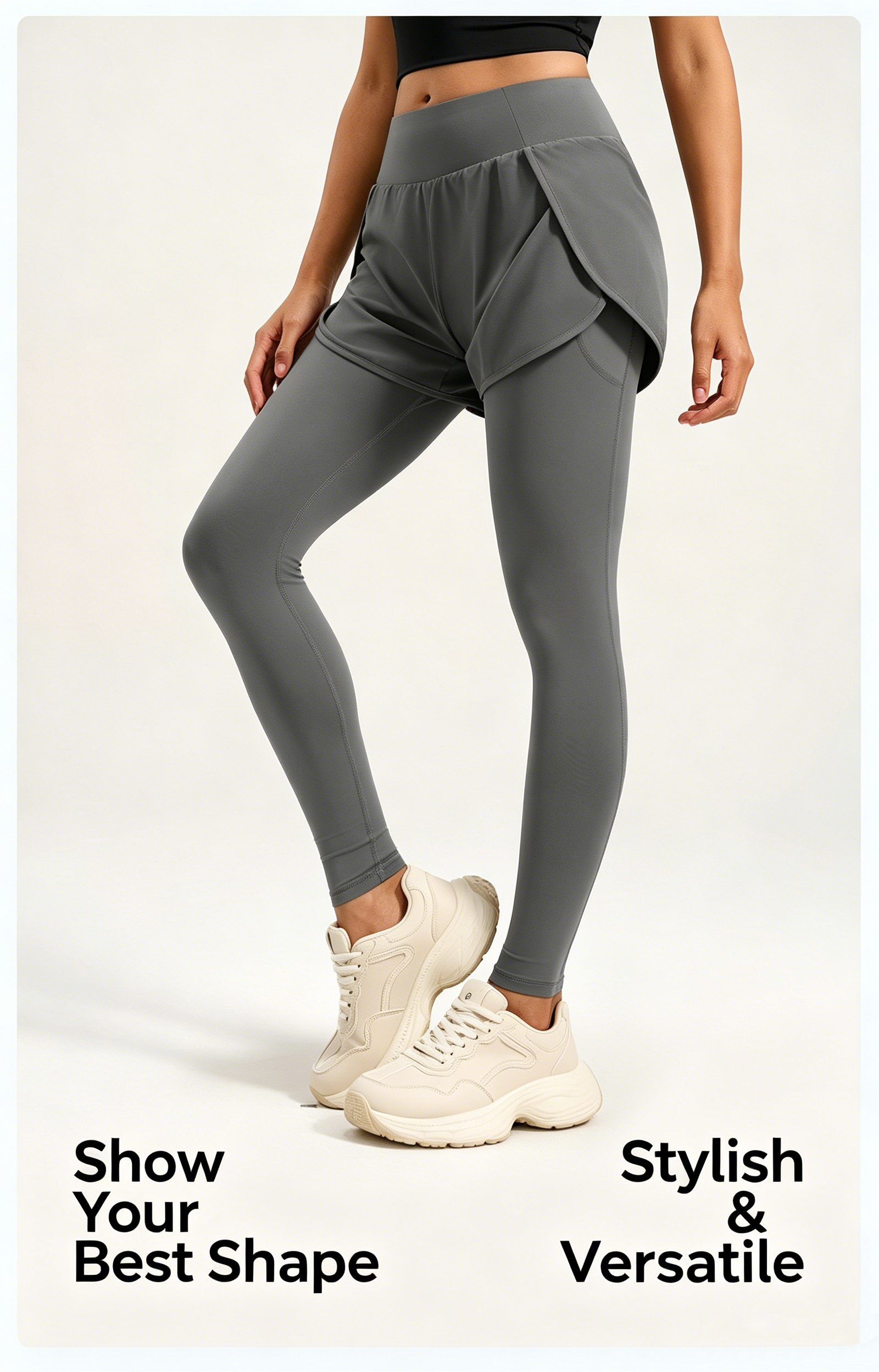 Butt Lifting Fake Two-Piece Pocket Yoga Leggings, Tight Sports Gym Running Pants - Image 3