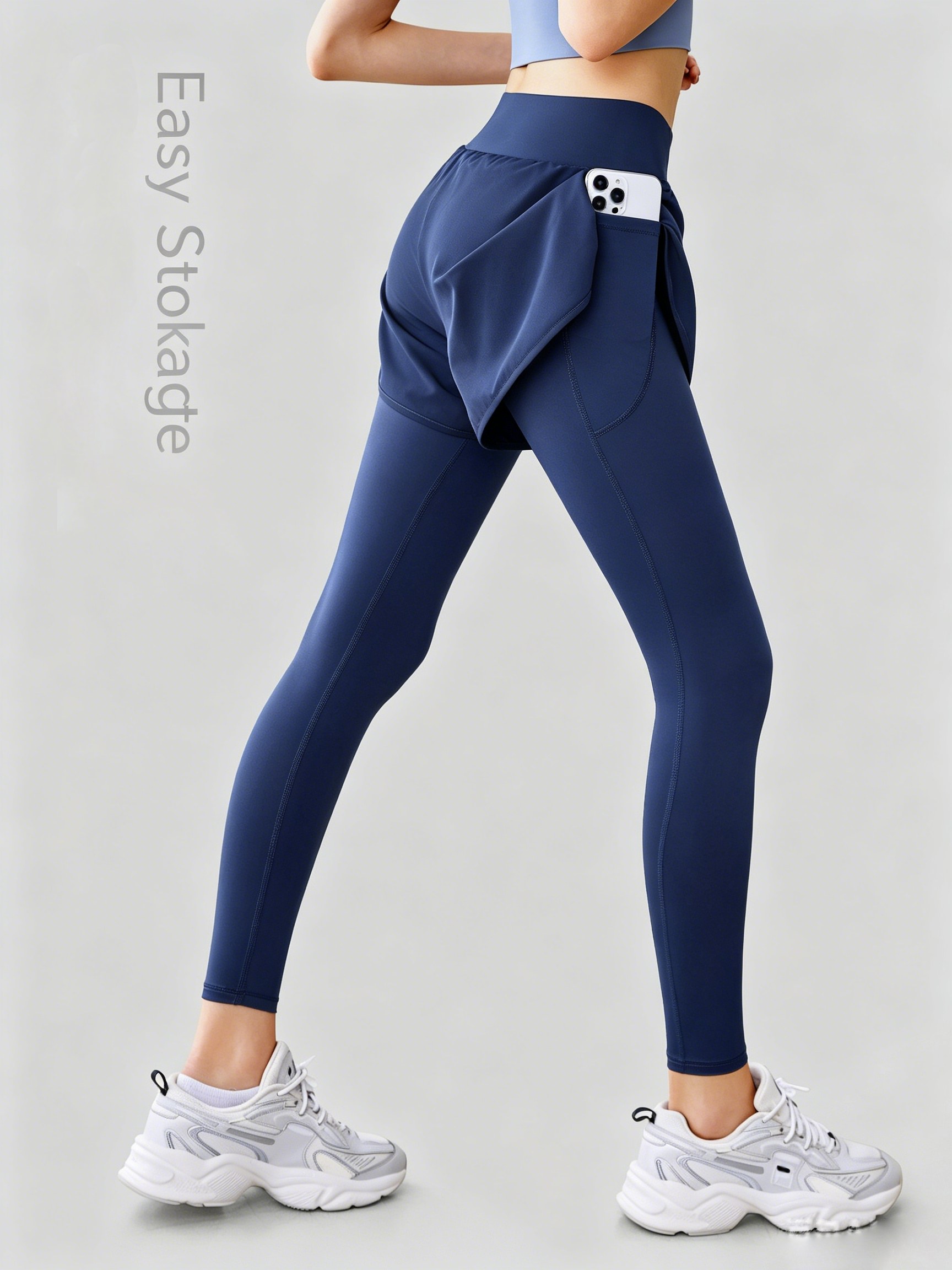 Butt Lifting Fake Two-Piece Pocket Yoga Leggings, Tight Sports Gym Running Pants - Image 2